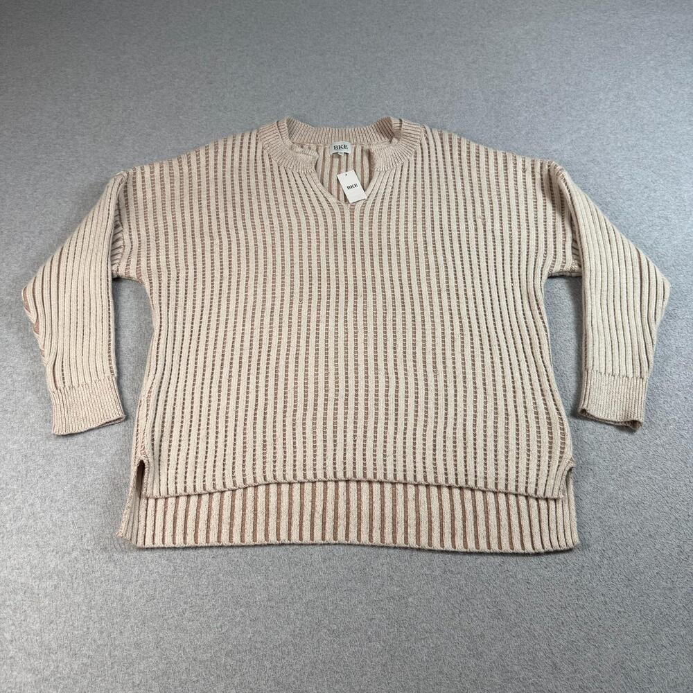 BKE Sweater Women XS Beige Taupe Stripe V Neck Oversized Coastal Boho Stretchy